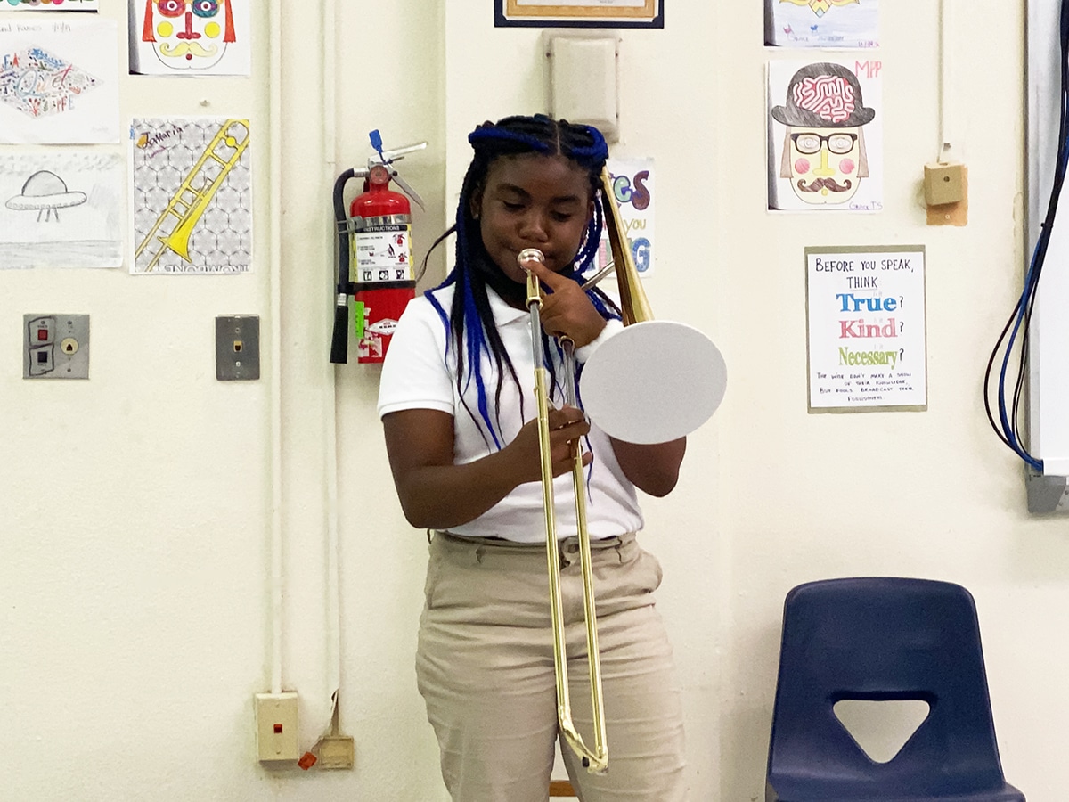 Trombone student at Liberty City Chapter in Miami at Miami Music Project, 2021